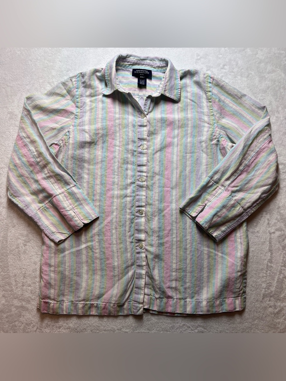 Jones New York Signature Women Striped Linen Shirt Top Petite Large Long Sleeve